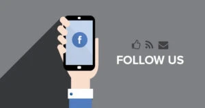 Hand holding smartphone showing the Facebook app icon, with 'FOLLOW US' and social icons nearby for following Adelaide Holiday Home social media.