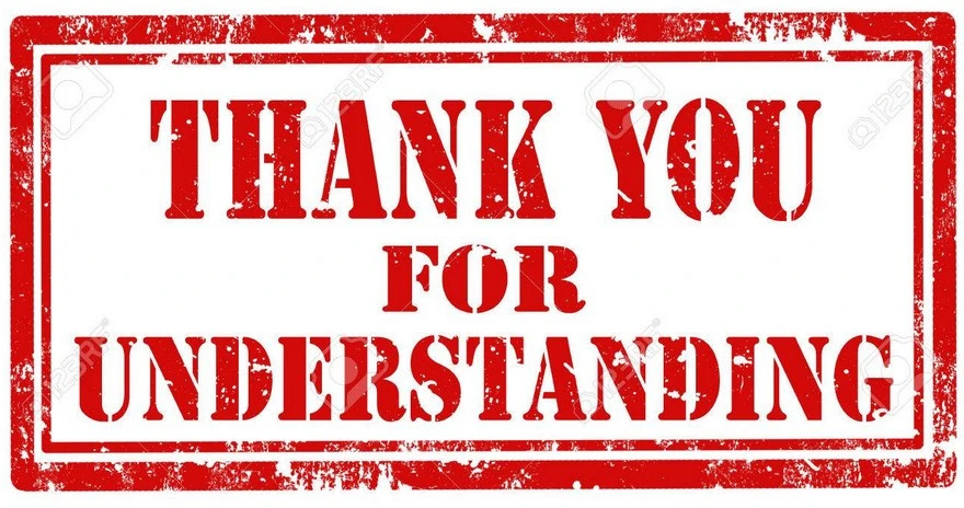 House Rules. Red distressed stamp-style sign that says 'THANK YOU FOR UNDERSTANDING'.